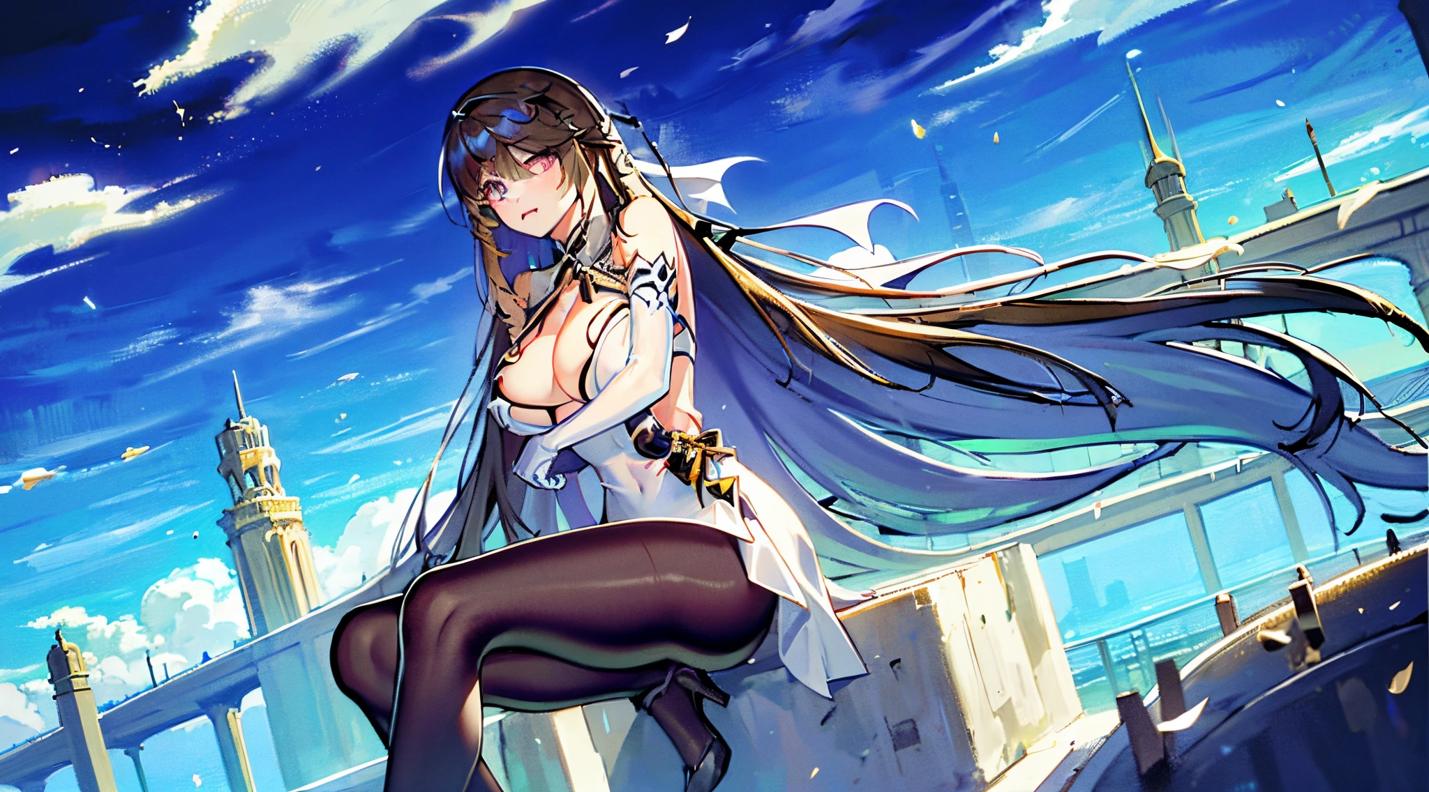 from the Side below Black silk,out of frame,backlight,masterpiece,highres,Perfect female body,Chinese style,Waist_length_hair,licking lips,looking to the side,gill support,shushing,knees to chest,pigeon-toed,torogao,one eye closed,backless outfit,heart cutout,china dress,pantyhose pull,stiletto heels,latex gloves,hair_bow,ribbon,sideboob,unbuttoned clothes,poorly drawn asymmetric eyes,half body under water,