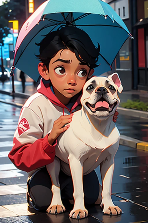 uma jovem triste na chuva com um cachorro pequeno ao lado