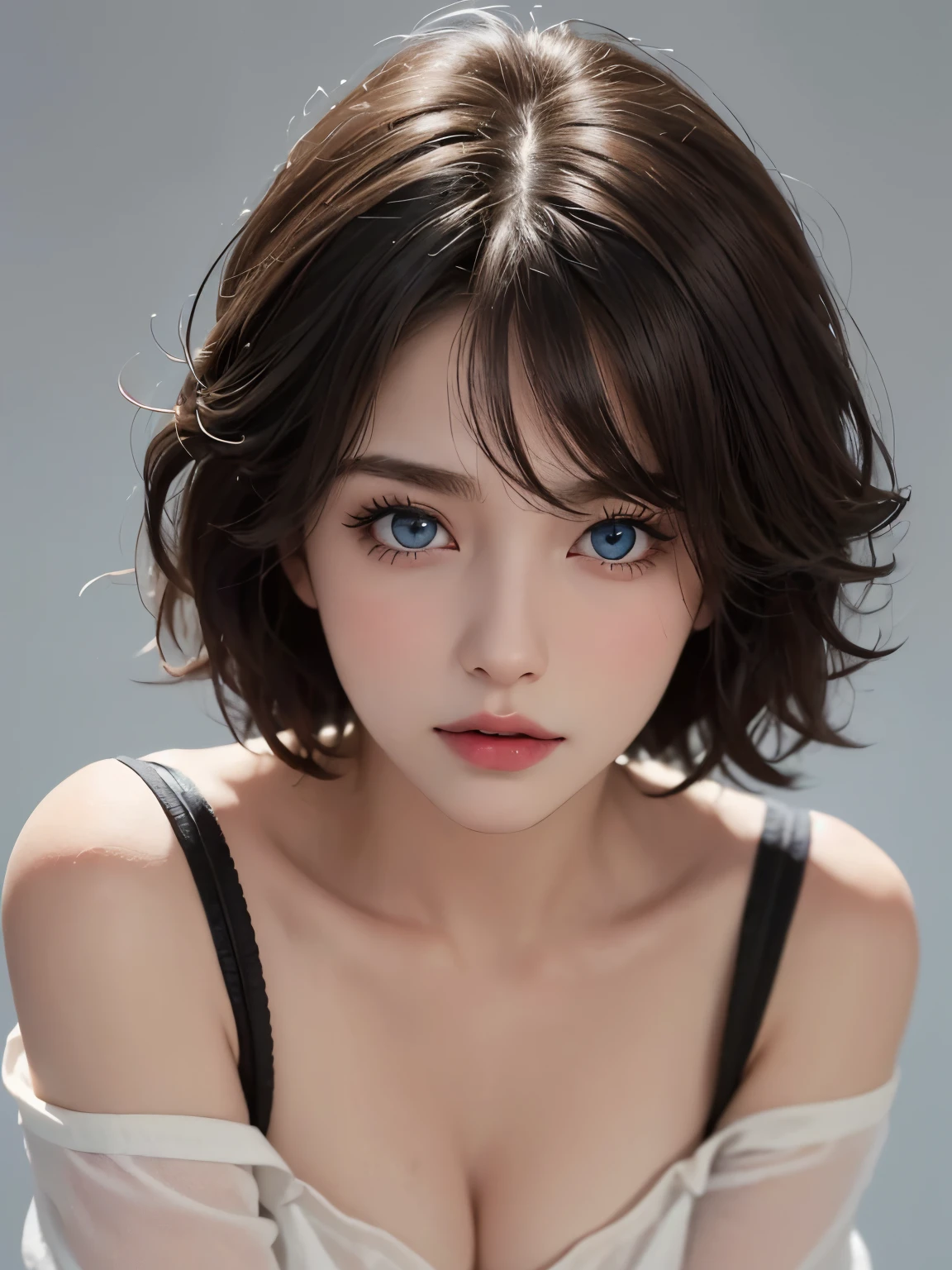 masterpiece, Highest quality, {Highest quality}, {{masterpiece}}, {High resolution}, 8K Ultra HD、RAWphotograph、モデルphotograph撮影、 European laceasterpiece、Highest quality、Realistic、High resolution、photograph:1.3)、close、focus on、Hot Model、slim、30 year old mature woman、Small face、No makeup、short hair、Black Hair、Pale beautiful eyes、Real Skin、(Perfect body)、Beautiful eyes in every detail、Glossy Lips、Small breasts、Small breasts、Bust B cup、Realistic details、Cool Beauty、Sexy pose、Background gray、Plain gray background