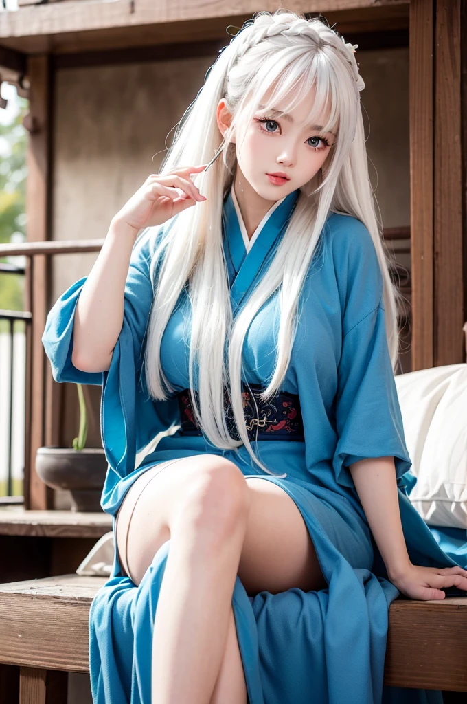 ulzzang-6500-v1.1,(Raw foto:1.2),((Photorealsitic:1.4))best qualtiy,​masterpiece, illustratio, an extremely decision and beautiful, A highly detailed,CG,unity,8k wallpaper, astonishing、finely detail, ​masterpiece, top-quality, Official Art, extremely detailed CG unified 8k wallpaper, Ridiculous, unbelievable Ridiculous, huge filesize, ultra-detailliert, hight resolution, ighly detailed, a beautiful detailed girl, extremely detailed eye and face, beatiful detailed eyes, Light on the face、电影灯光、((Gorgeous Sexy Hanfu))、1girl in、full bodyesbian、fully body photo、see -through、looking at viewert、((white  hair))、huge tit、lyin in bed、full bodyesbian