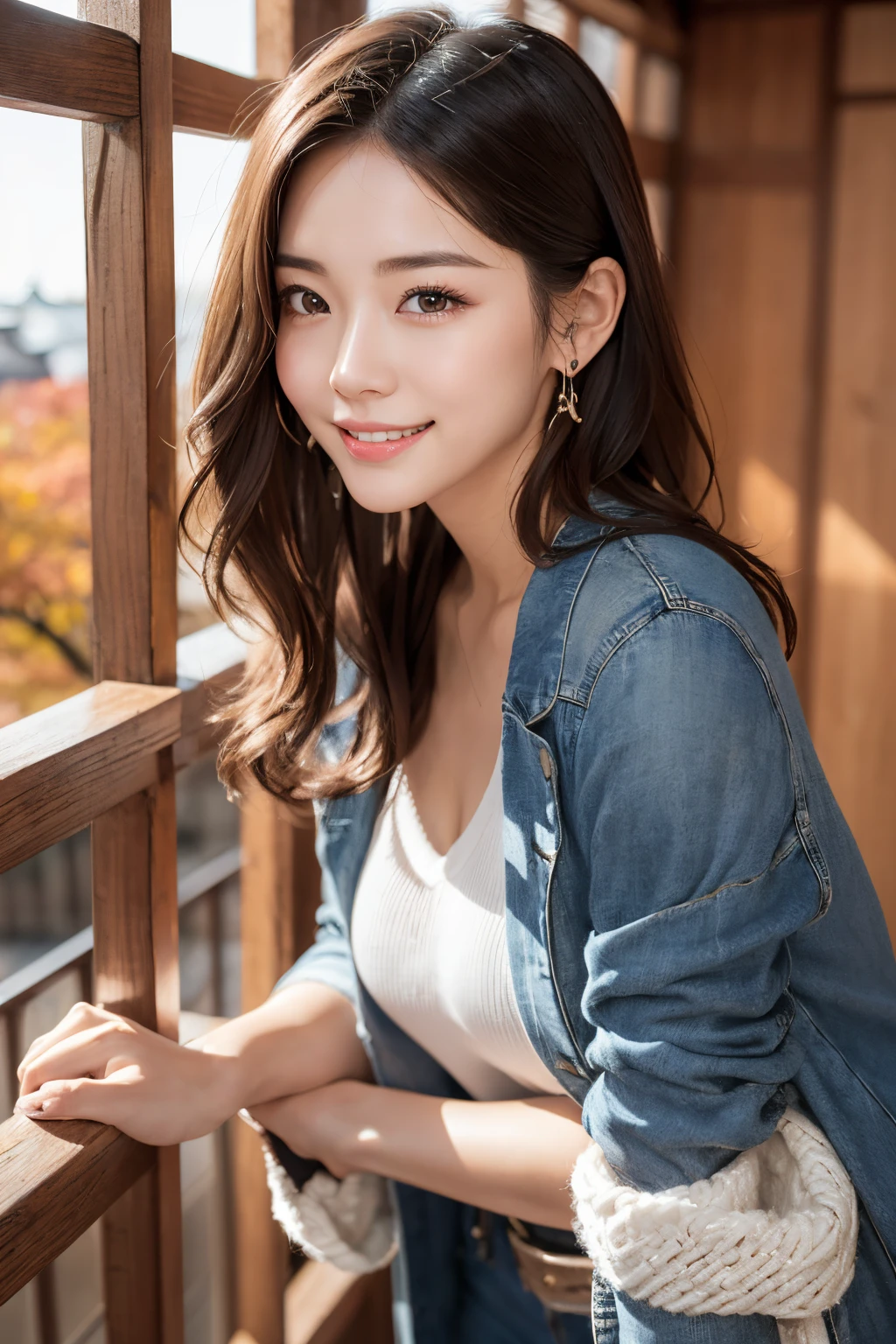(masutepiece:1.3), High resolution, ultra-detailliert, the Extremely Detailed CG Unity 8K Wallpapers, Realistic, Photorealsitic, Raw photo, (beautifull detailed face), pale skin, Realistic skin, Detailed Cloth Texture, detailed hair texture, super model, Beautiful face, acurate, Anatomically correct, Highly detailed face and skin texture, Natural neck length, (Beautiful hands), (Fair skin:1.2), thin legs, Thin feet, Sexy thighs,
BREAK,
Detailed eyes, Symmetrical eyes, Brown eyes, Double eyelids, Thin eyebrows, (Glossy lips:1.4), (Pretty smile:1.2),
BREAK,
(a very pretty girl:1.3), (Wearing a white long knit coat over a royal blue shirt), (denim hot-pants), (Sandals),
medium large breasts, (firm breasts, nice shaped breasts, Slender figure:1.1),
(Layered hairstyle, dark brown hair, Wavy Hair), (Medium Long Hair:1.2),
BREAK,
(「Kiyomizu-dera Temple」Standing with your arms on the railing of:1.2), ((Autumn foliage scenery:1.2)),
((Japanese「kyoto」in the「Kiyomizu-dera Temple」で:1.2)), (Full body:1.2), ((looking back at viewer:1.2)), (From below),