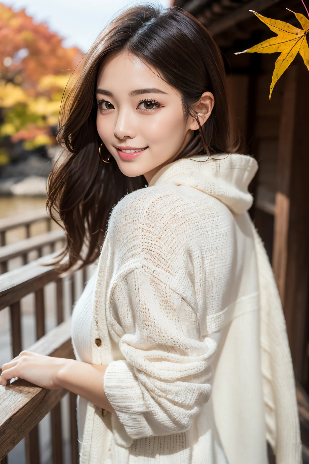 (masutepiece:1.3), High resolution, ultra-detailliert, the Extremely Detailed CG Unity 8K Wallpapers, Realistic, Photorealsitic, Raw photo, (beautifull detailed face), pale skin, Realistic skin, Detailed Cloth Texture, detailed hair texture, super model, Beautiful face, acurate, Anatomically correct, Highly detailed face and skin texture, Natural neck length, (Beautiful hands), (Fair skin:1.2), thin legs, Thin feet, Sexy thighs,
BREAK,
Detailed eyes, Symmetrical eyes, Brown eyes, Double eyelids, Thin eyebrows, (Glossy lips:1.4), (Pretty smile:1.2),
BREAK,
(a very pretty girl:1.3), (Wearing a white long knit coat over a royal blue shirt), (denim hot-pants), (Sandals),
medium large breasts, (firm breasts, nice shaped breasts, Slender figure:1.1),
(Layered hairstyle, dark brown hair, Wavy Hair), (Medium Long Hair:1.2),
BREAK,
(「Kiyomizu-dera Temple」Standing with your arms on the railing of:1.2), ((Autumn foliage scenery:1.2)),
((Japanese「kyoto」in the「Kiyomizu-dera Temple」で:1.2)), (Full body:1.2), ((looking back at viewer:1.2)), (From below),