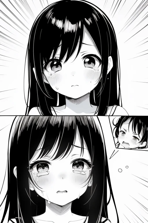 Anime girl with black hair and eyes looks crying, The expression of crying, Very cute anime girl face, black and white manga style, black and white manga panel, cute anime face, The expression of crying, comic strip!!!, Tearful expressions, comic strip!, black and white comics comics, so sad, Black and white comics