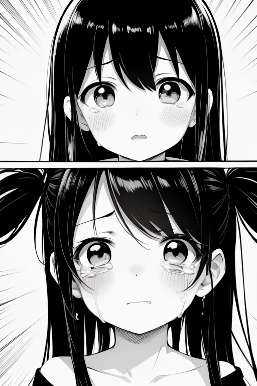 Anime girl with black hair and eyes looks crying, The expression of crying, Very cute anime girl face, black and white manga style, black and white manga panel, cute anime face, The expression of crying, comic strip!!!, Tearful expressions, comic strip!, black and white comics comics, so sad, Black and white comics