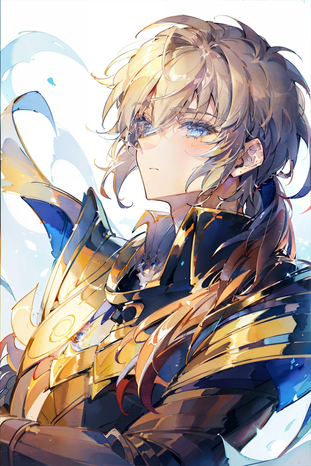 (high-quality, breathtaking),(expressive eyes, perfect face), 1boy, male, solo, mid 20's man, armor, auburn hair , hairstyle tied in ponytail, long hair, silver coloured eyes,( watercolor \(medium\),