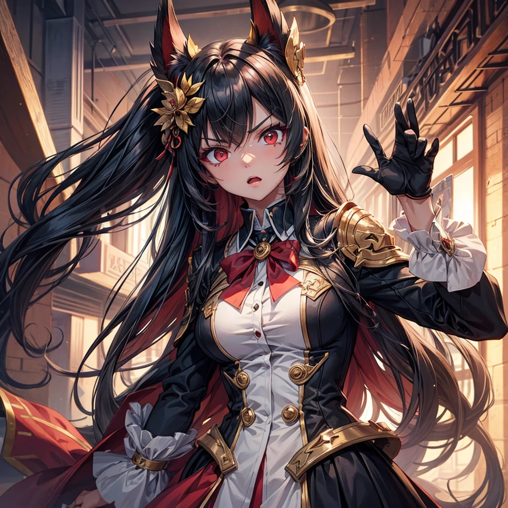 one hand is slap someone, 1 black long hair femdom girl, red eyes:1.4, angry:1.5, in a red school uniform, dynamic, beautiful detailed grow, masterpiece.