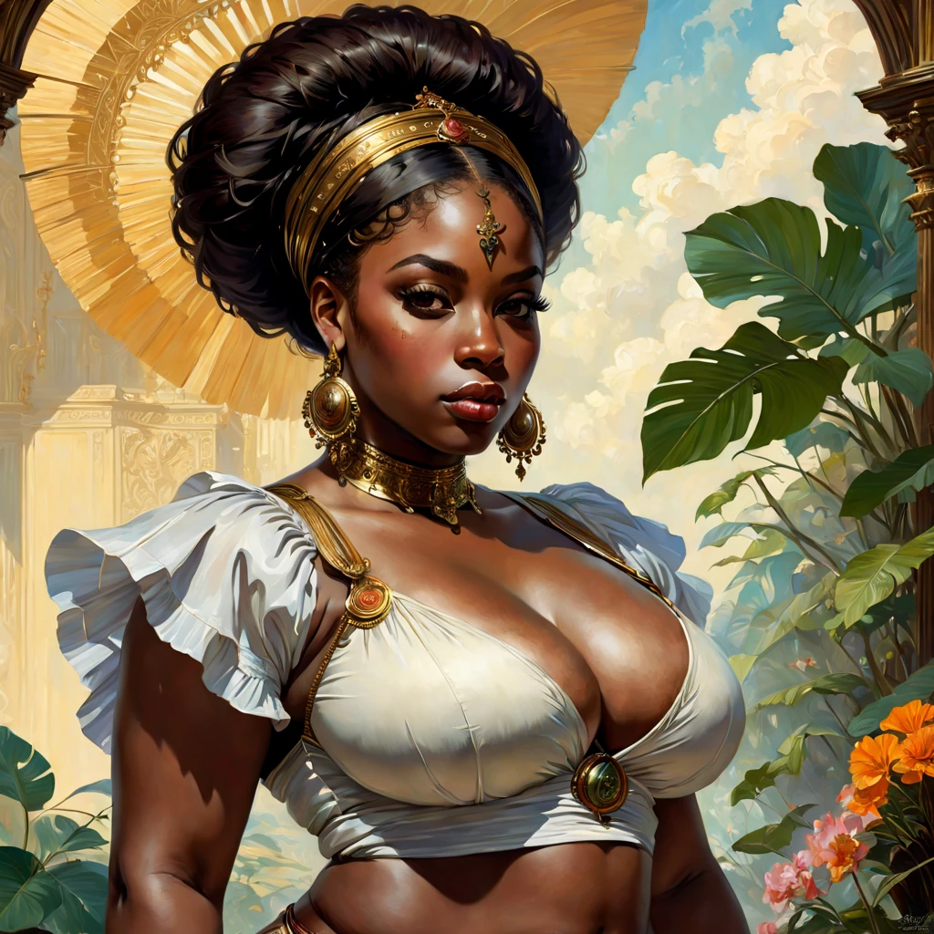 full body portrait of a beautiful woman, squatting spread legs, ((perfect feminine face)), (+long colorful wavy hair), (glitter freckles), glitter, wearing a dress, intricate, 8k, highly detailed, volumetric lighting, digital painting, intense, sharp, focus,character design concept art, (dark skinned:1.3), evil, (regal), monarch,athletic body, ((tattooed)), (((big breasts))), (cleavage overflow:1.3), (((big ass))),strong legs, ((soaking wet)), magnificent, posh, (dreds:0.9), high fantasy, portrait, perfect rendered face, perfect face details, grim, medium shot,realistic face, photo realistic, analog style, bf, masterpiece, best quality, ((intricate detail)), highres, ((drawn)), cinematic lighting, (((realism))) by Richard Corben, by Miles Aldridge, by John Atkinson Grimshaw, art by artgerm and rutkowski and alphonse mucha, cgsociety