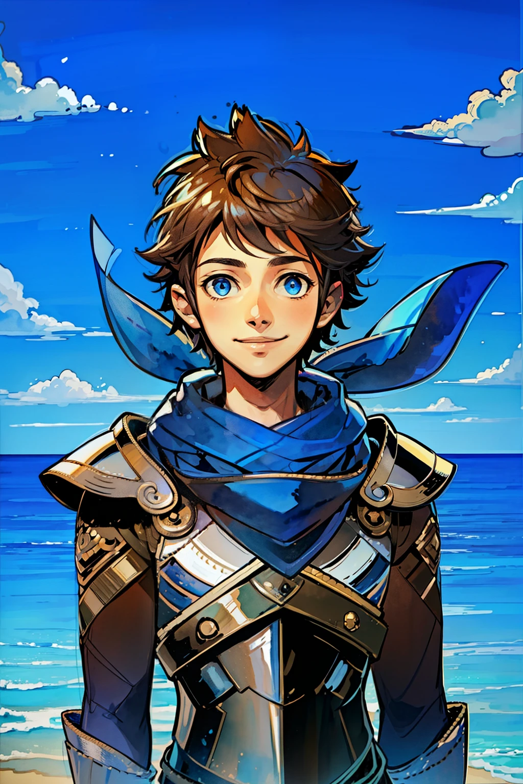 (high-quality, breathtaking),(expressive eyes, perfect face), 1boy, male, solo, armor, blue scarf, young boy, auburn hair, brown color hair , deep blue coloured eyes,( watercolor \(medium\), blue sky background, water, small smile
