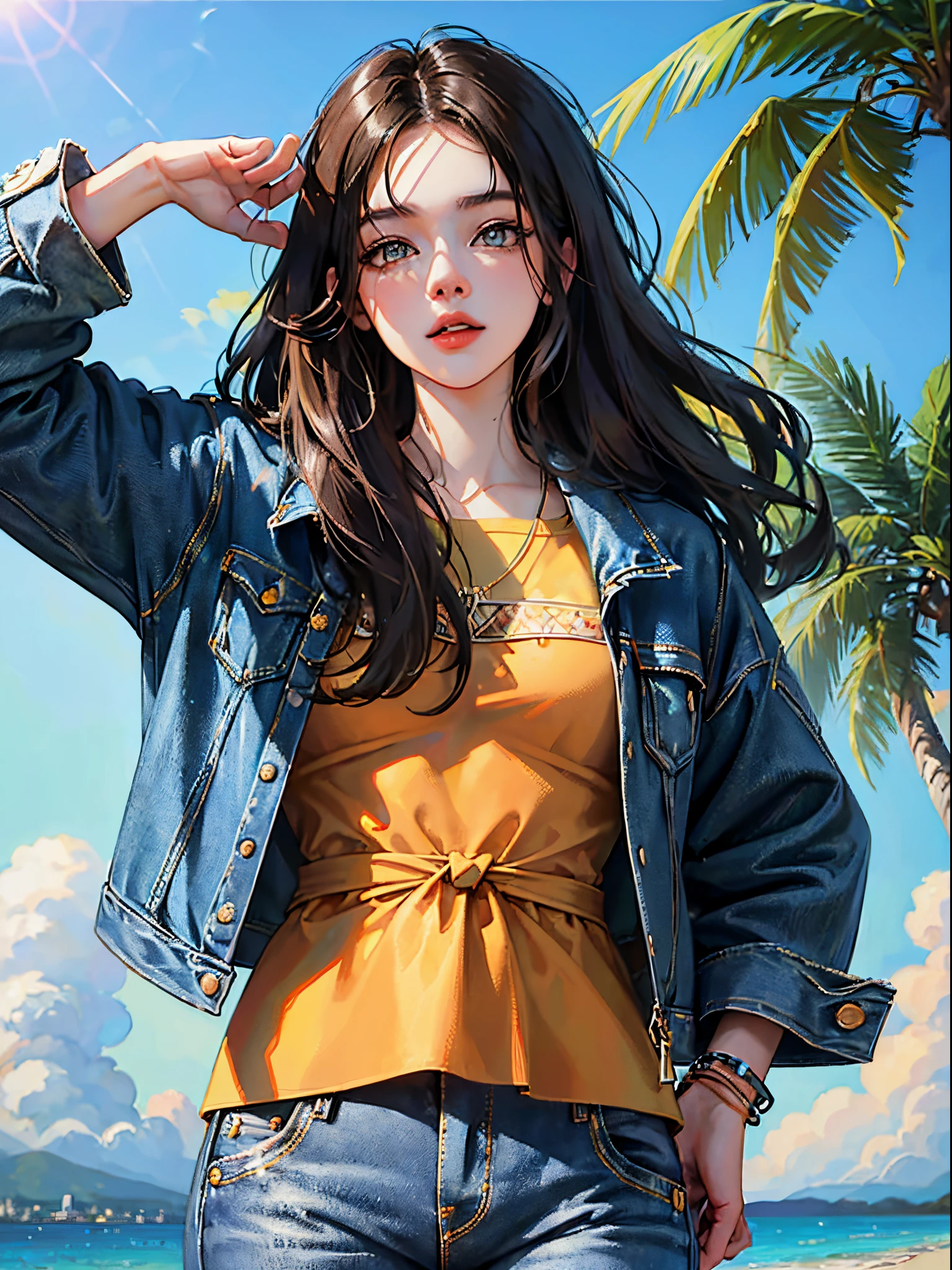 Orange and indigo keynotes、Vibrant colors、((masterpiece)))、(((top-quality)))、((ultra-detailliert))、(A hyper-realistic)、(highly detailed CGillustration)、Official art、CD cover、urbane、City Pop、Palm trees、seaside、Long Black Hair、It will be、Cool feeling、Mid summer、Stylish、glorious 1980s、Cool Beauty、cochetti gorgeous、matchless beauty、jaket、jeans、Female Solo、Perfect Angle、perfect-composition