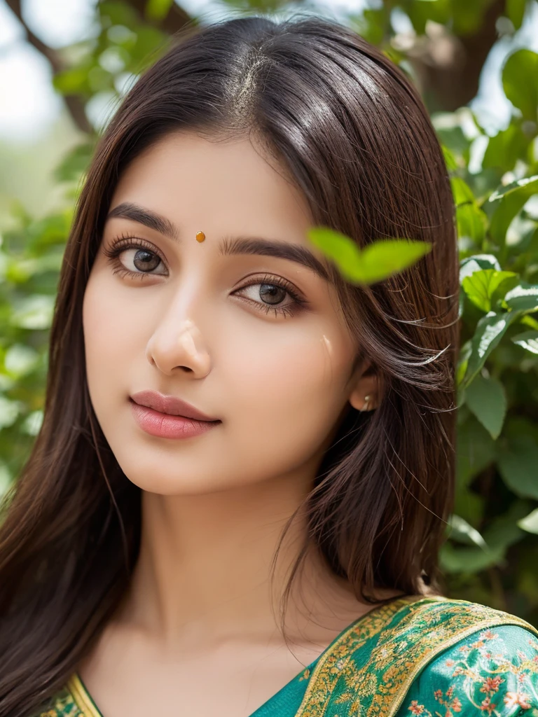 (best quality, ultra-detailed, realistic:1.37), professional, beautiful detailed eyes, beautiful detailed lips, detailed facial features, natural skin tones, perfect skin texture, delicate facial expressions, image in high resolution, realistic face, realistic skin, plain face, natural smile, highly detailed hair, 18yo, (Kiran, beautiful Indian young woman), stands amidst a serene natural landscape, dressed in a flowy Anarkali suit with floral motifs. The high-resolution image captures ultra-detailed realism, highlighting Kiran's captivating eyes, expressive lips, and graceful facial features. The tranquil surroundings of lush greenery and blooming flowers create a visually stunning representation of natural beauty and serenity.