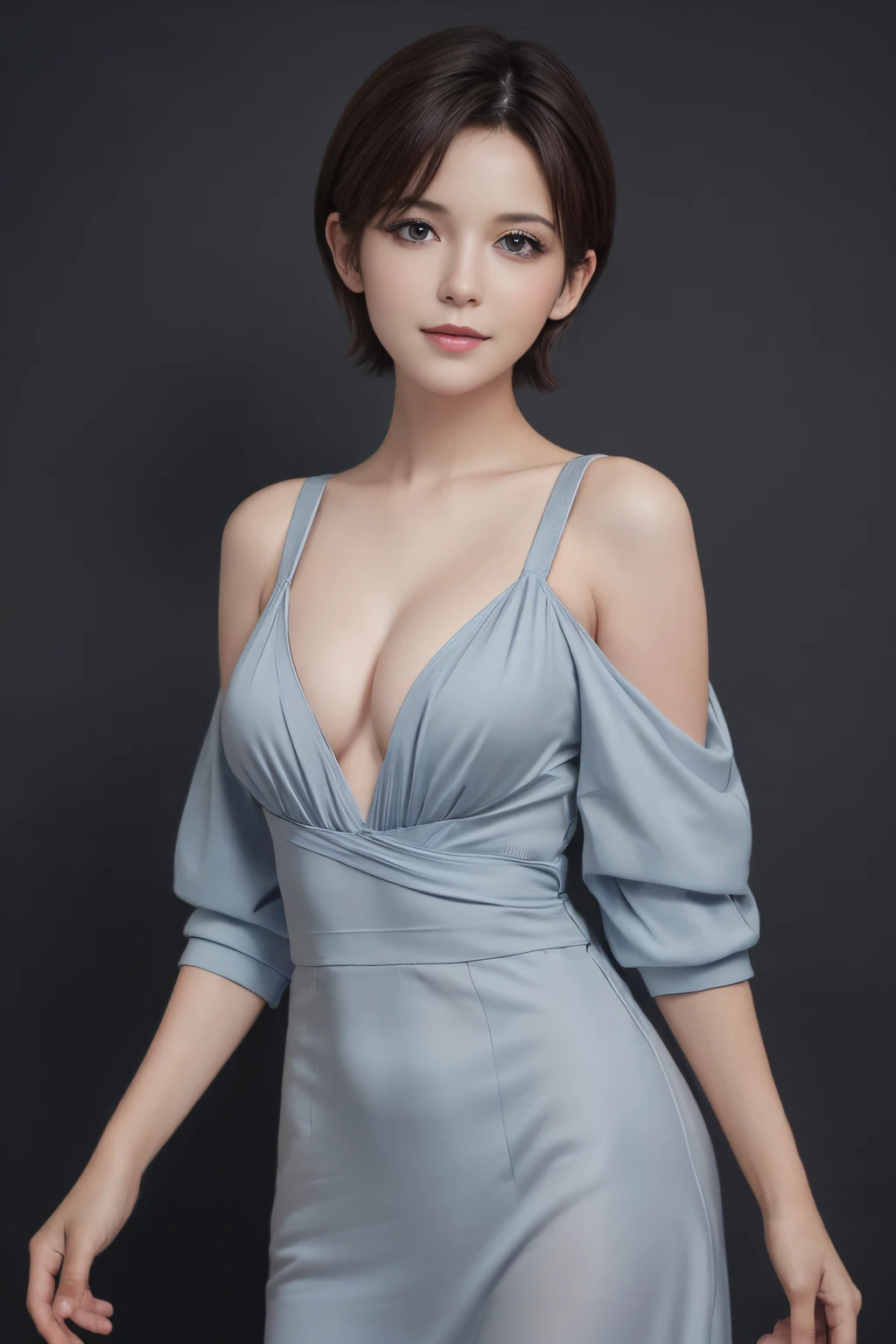 (masuter piece:1.3)、(8k、Photorealsitic、RAW Photography、top-quality: 1.4)、Skin Tight Black Top:1.2, Looking at Viewer, Cinematic lighting, Perfect, softlight, High resolution skin:1.2, Realistic skin texture, 30 years old mature woman、Small face、natural make up, off shoulders, Exposed cleavage, Blue eyes, Short hair,dark brown hair、Bust B Cup、Small breasts、fullnude、Gray background