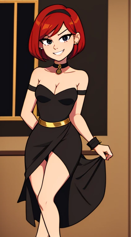 akiratoriyama art style, blue eyes, smile, 1 girl, aqua hair, teenager, medium hair, bob hair, red hairband, pink lips, medium breasts, little black dress, strapless dress, short bodycon dress, skin-tight dress, choker, gold hoop earrings, gold bracelet, hands on the hips, bedroom, standing up