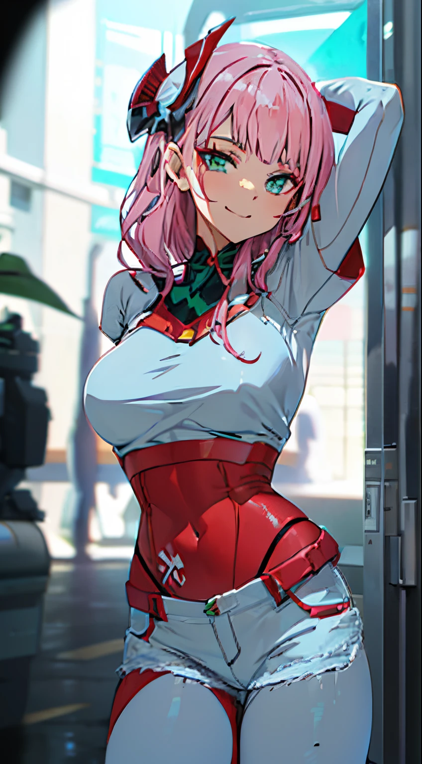 zero two \(darling in franxx\), darling in franxx, 1girl, side, fringe, selfie, smiling, shadow, green eyes, hair behind head, horns, long hair, makeup, small breasts, pilot suit, white bodysuit, pink hair, red eyeshadow, science fiction, tight skin, solo, small horns