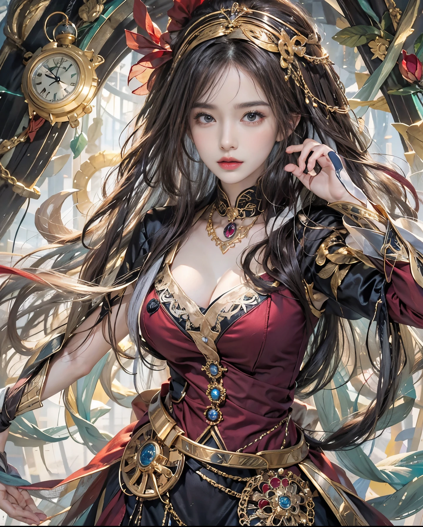 Official art、Wizard of Time、Use Time Magic to travel through time and space、Girl with the power of a magic wand、The background is reminiscent of the passage of time、In the background, You can see a lot of watches and a lot of watch parts.、Beautiful woman in black mage clothes with open chest、PerfectNwsjMajic,(masterpiece、top-quality、top-quality、Official art、Beautifully Aesthetic:1.2)、(1girl in)、ighly detailed、colourfull、highestdetailed、Official art、Unity 8k壁纸、ultra-detailliert、Beautifully Aesthetic、Beautiful face in detail、masterpiece、top-quality、(Zentangle、a Mandala、Tangles、Entanglement)、Holy Light、pure、There are also resilient messages, Overcoming and hope. Breasts are small and B size、A slender、The chest is open、Eyes are double(A detailed eye), Beautifully detailed、Hair that flutters in the wind、Maroon Gradient Hair Color、the tips of the hair are red、high-heels、Gold Anklet、