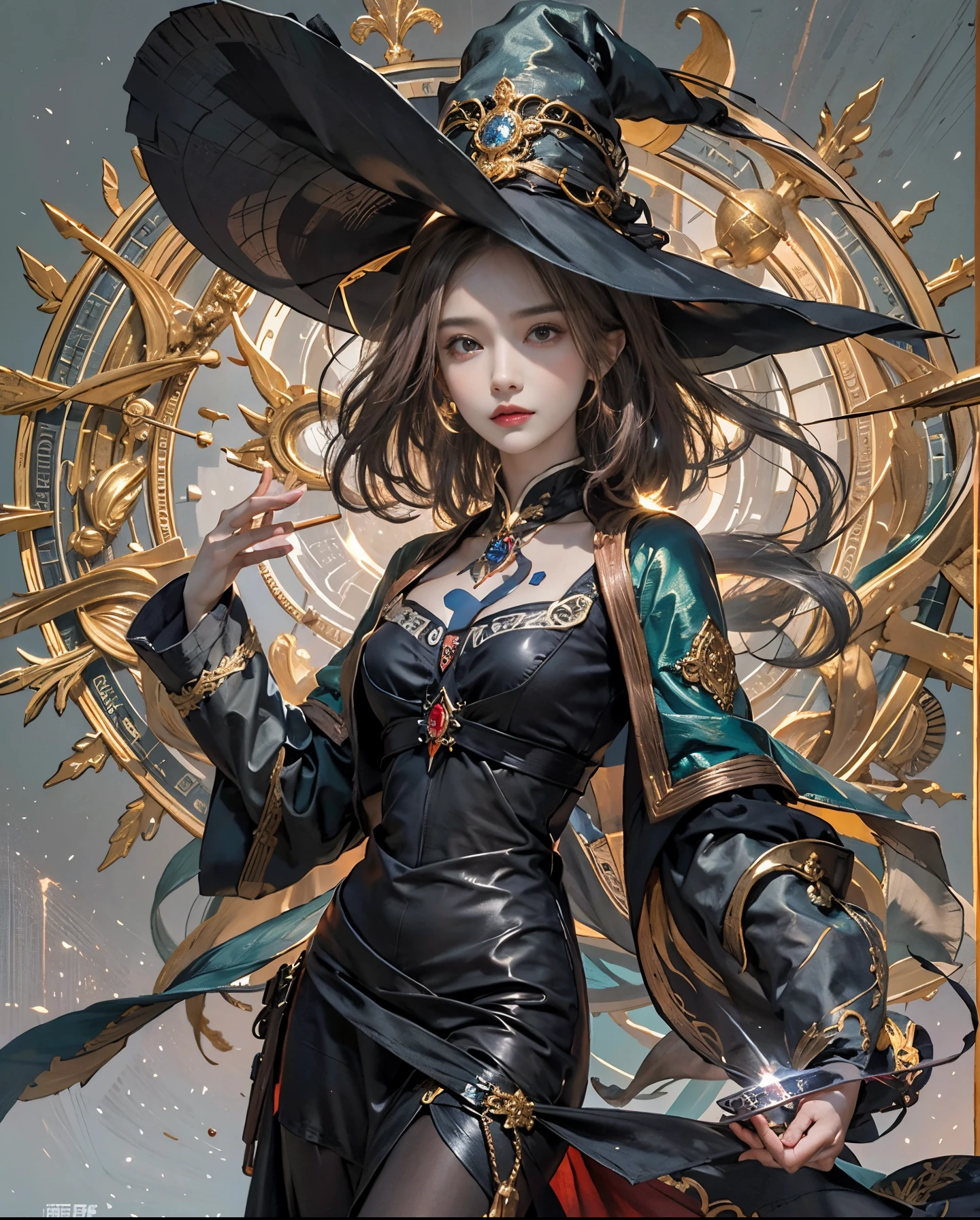 Official art、Wizard of Time、Use Time Magic to travel through time and space、Girl with the power of a magic wand、The background is reminiscent of the passage of time、In the background, You can see a lot of watches and a lot of watch parts.、Beautiful woman in black mage clothes with open chest、PerfectNwsjMajic,(masterpiece、top-quality、top-quality、Official art、Beautifully Aesthetic:1.2)、(1girl in)、ighly detailed、colourfull、highestdetailed、Official art、Unity 8k壁纸、ultra-detailliert、Beautifully Aesthetic、Beautiful face in detail、masterpiece、top-quality、(Zentangle、a Mandala、Tangles、Entanglement)、Holy Light、pure、There are also resilient messages, Overcoming and hope. Breasts are small and B size、A slender、The chest is open、Eyes are double(A detailed eye), Beautifully detailed、Hair that flutters in the wind、Maroon Gradient Hair Color、the tips of the hair are red、high-heels、Gold Anklet、