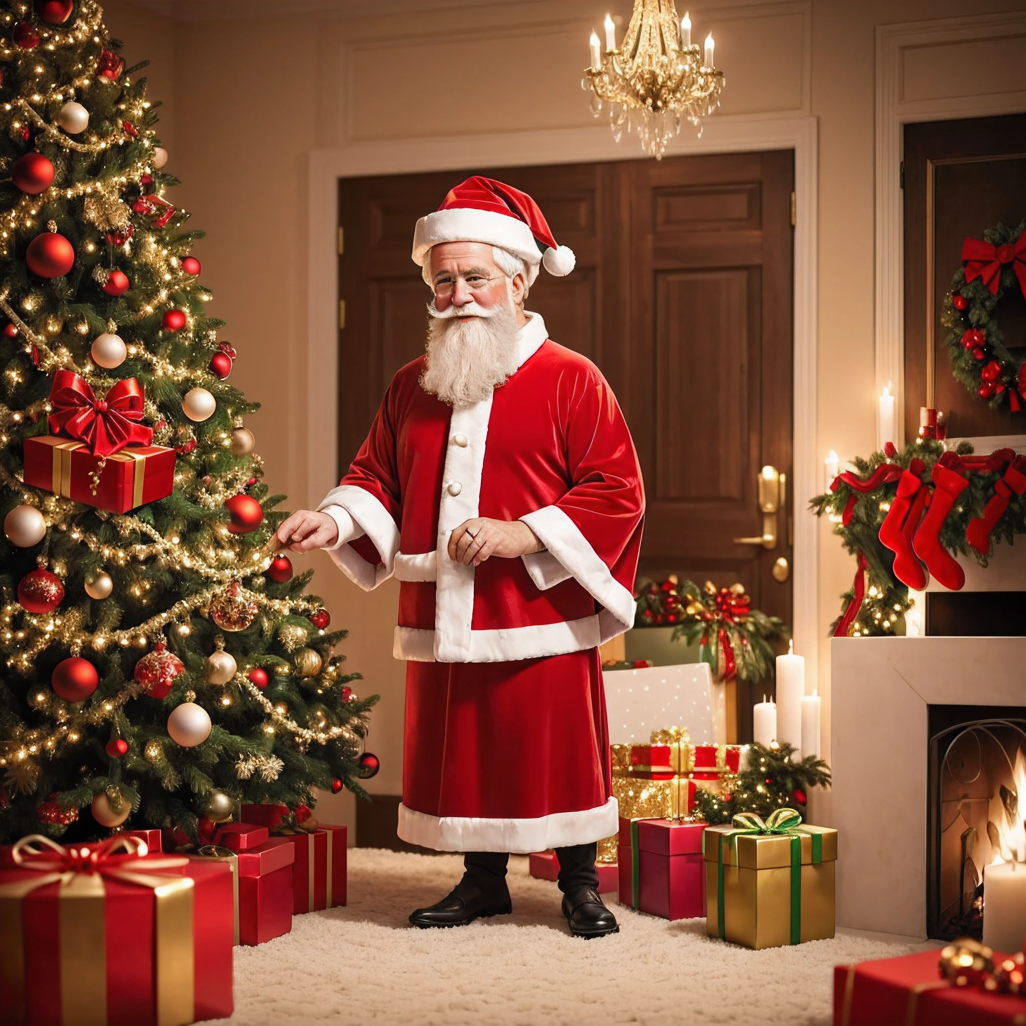 Produce a high-resolution digital image that depicts the magical Christmas Eve, com o Papai Noel distribuindo presentes. Santa Claus must be represented in his characteristic red and white outfit, holding a large gift bag full of colorful bows and shiny ribbons. He is in a festive mood, possibly in a room decorated with a well-lit and decorated Christmas tree. The scene should convey a feeling of joy and magic, com foco especial no Papai Noel&#39;His gentle, welcoming expression as he hands over the gifts. Lighting should be soft and welcoming, destacando os detalhes das roupas, do rosto e da barba do Papai Noel, beyond the sparkles on the wrapping. Colors should reflect the Christmas spirit, com toneladas quentes e cintilantes, creating a magical and enchanting atmosphere.