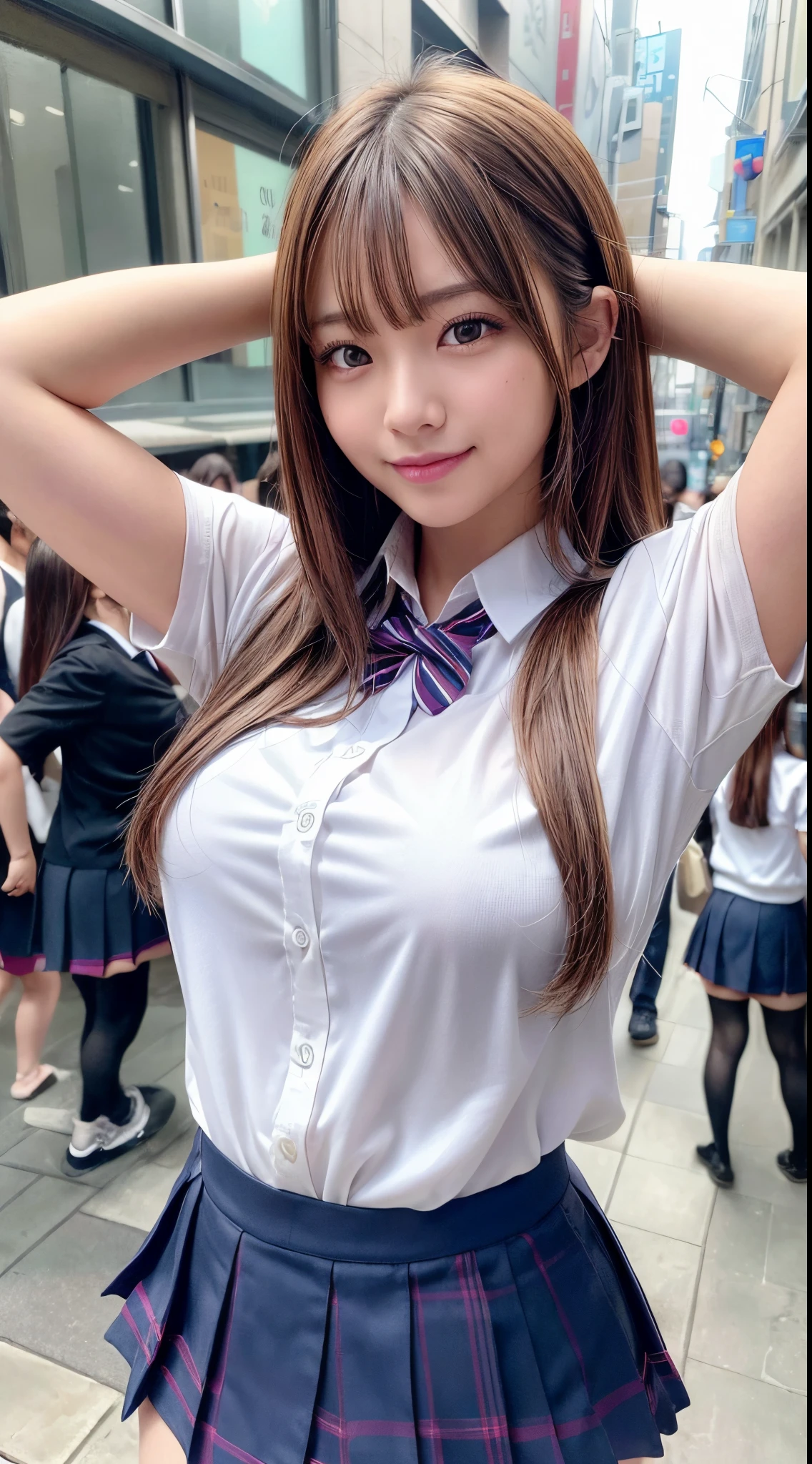 (8k, RAW photo, best quality, masterpiece:1.2), (realistic, photo-realistic:1.4), (extremely detailed 8k wallpaper), sharp focus, depth of field, bocinematic lighting, soft light, beautiful detailed eyes,shiny smooth light brown long bob hair, asymmetrical bangs, shiny skin, high resolution, high detailing, detailed hairstyle, detailed face, hyper realistic, perfect limbs, perfect anatomy ,1 japanese girl,famous Japanese idol, perfect female body, large breasts,smile,short eyelashes , double-edged eyelid ,long bob hair, (school uniform : 1.3), looking at viewer, (arms up, Crowded city streets:1.3),cowboy shot