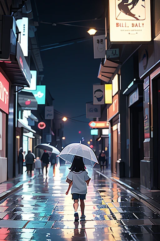 um buldogue branco pequeno , walking to find a child in the rain in the city at night