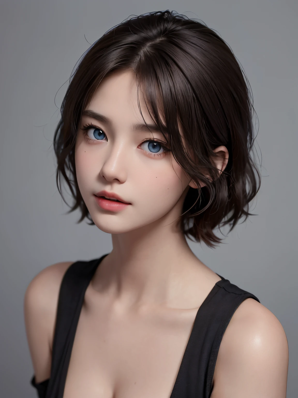 top-quality、masterpiece、超A high resolution、(Photorealsitic:1.5)、Raw foto、Skin Tight Black Top:1.2, Looking at Viewer, Cinematic lighting, Perfect, softlight, High resolution skin:1.2, Realistic skin texture, 30 years old mature woman、Small face、natural make up, off shoulders, Exposed cleavage, Blue eyes, Short hair,dark brown hair、Bust B Cup、Small breasts、fullnude、Gray background