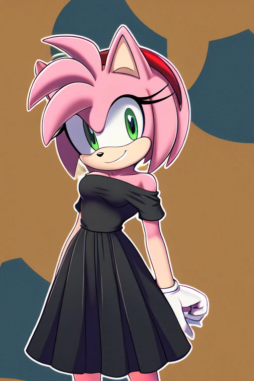 Amy Rose, bare shoulders, smile, medium breast, black dress, off-the-shoulder black dress, long skirt, upper body, 1990s Abstract Background.