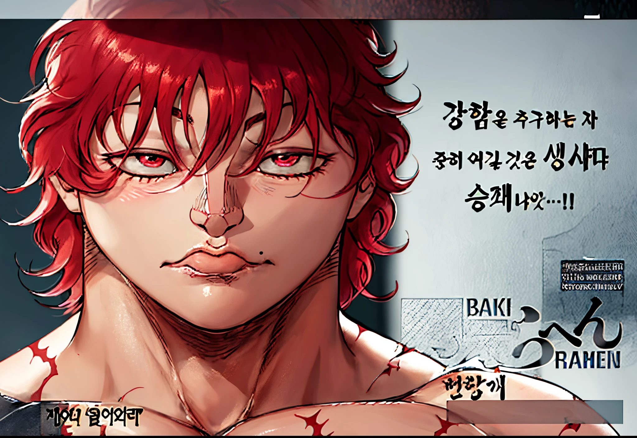 Una imagen de baki, joven musculoso de cabello rojo.