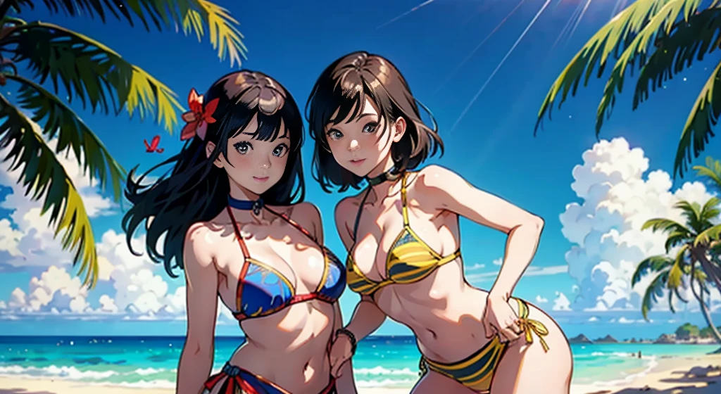​masterpiece、top-quality、超A high resolution、 [ 4 k digital art ]!!、 8k high quality detailed art、Wallpaper、 Detailed Digital Anime Art、Realisticity、Cinema Angle、hposing Gravure Idol、(((Two beautiful girls)))、(Two people flirting)、cute  face、 ((Detailed depiction of a beautiful face))、kindly smile、年轻、Bikini swimwear、Photorealistic perfect body、(Bold ethnic patterns wrapped around the waist and skirt and plenty of primary colors)、light Particle、llight rays、Tropical、Against the background of palm trees、beach side、on a sunny beach、Against the background of the sea、blur backgroun、