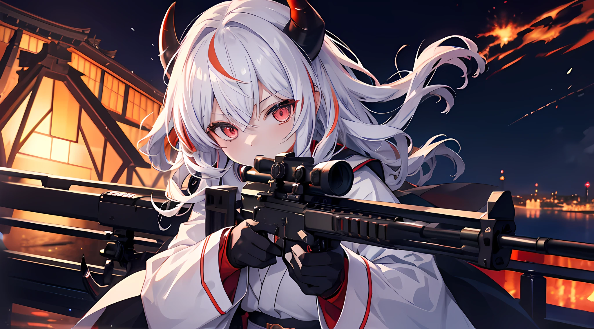 (1 demon girl), front lighting, black demon horns, white japanese military uniform, shooting with sniper rifle, detailed face, in the harbor, multi colored hair, glare, wavy hair, front lighting, cowboy shot, 8k, masterpiece, ultra HD.