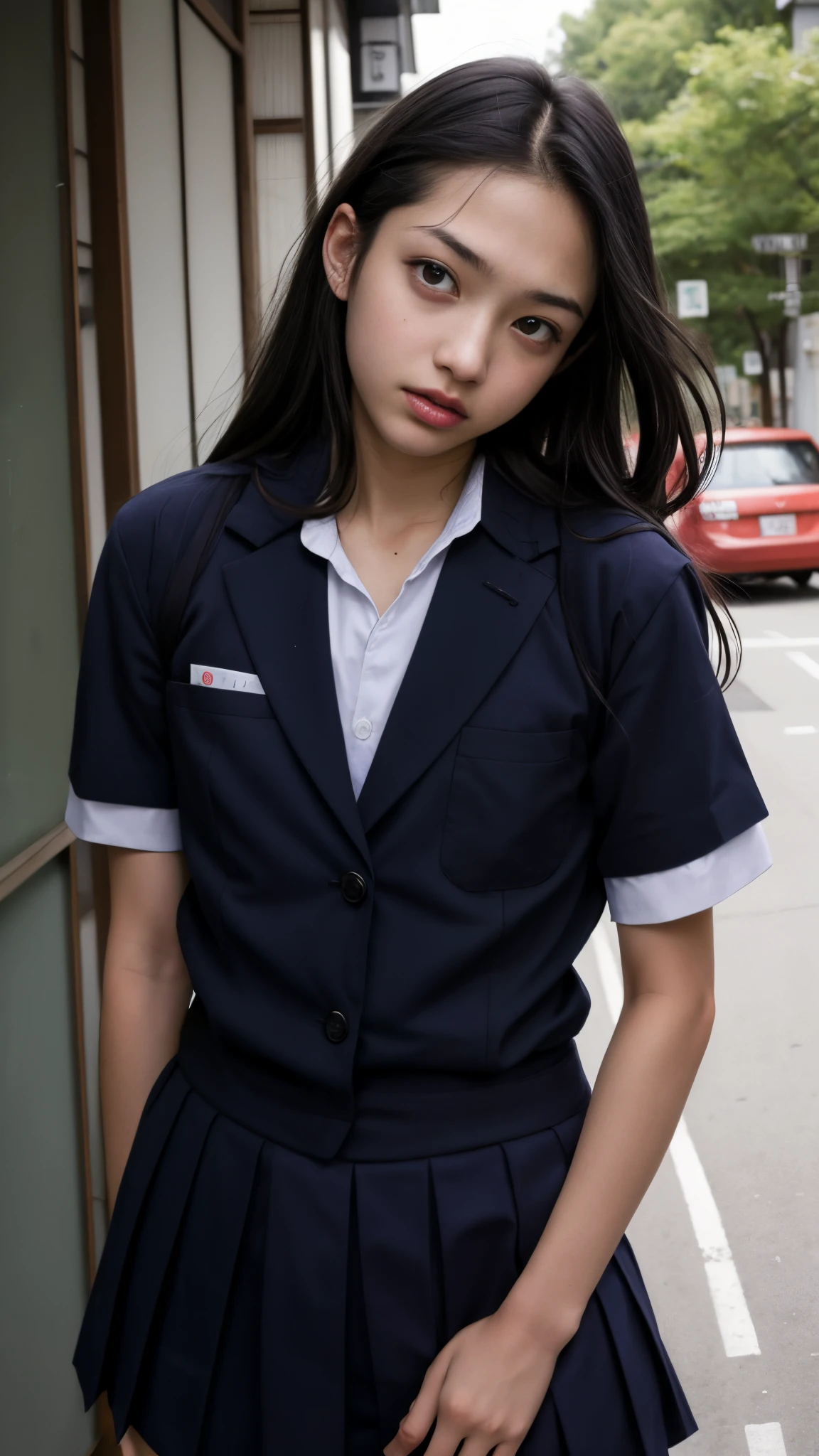 16 year old pre-teen, Japanese school uniform, man raping zombie girl, sexual pose, photorealistic