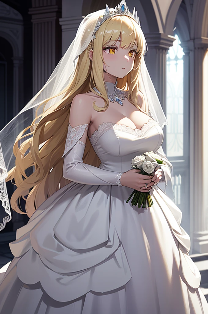 masterpiece,(bestquality),highlydetailed,ultra-detailed, light, weddingdress, laceborder, veil, whitegloves,church, petals, softlighting,animal collar,covering eyes,masterpiece,best quality,official art, extremely detailed CG unity 8k wallpaper,Split Lighting,Golden Ratio,milf,1girl,magician,long hair,wavy hair,blonde hair,green sclera,huge breasts,between breasts,,seductive smile,laughing,mini_top_hat,{{Strange thieves}}