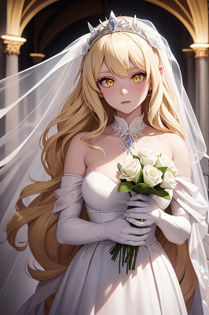 Ghost woman, Long blond hair, yellow glowing eyes, semi-transparent, white ghostly skin, wedding dress, a bridal veil, wedding jewelry like a tiara, white flowers over head, carrying a bouquet of white flowers, white mist surrounding her, dark hallway background.