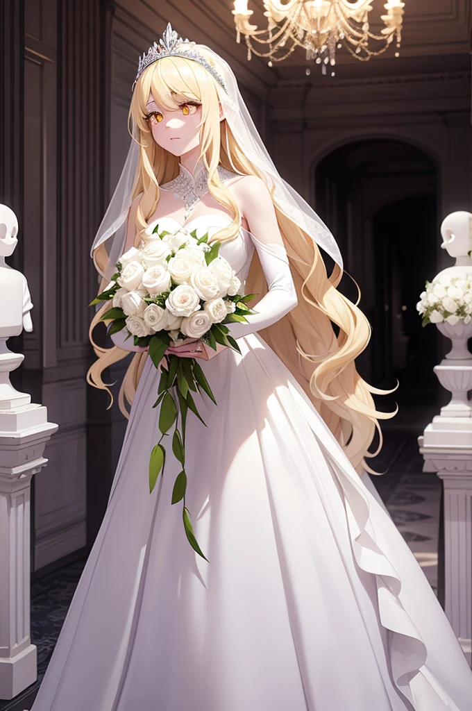 Ghost woman, Long blond hair, yellow glowing eyes, semi-transparent, white ghostly skin, wedding dress, a bridal veil, wedding jewelry like a tiara, white flowers over head, carrying a bouquet of white flowers, white mist surrounding her, dark hallway background.