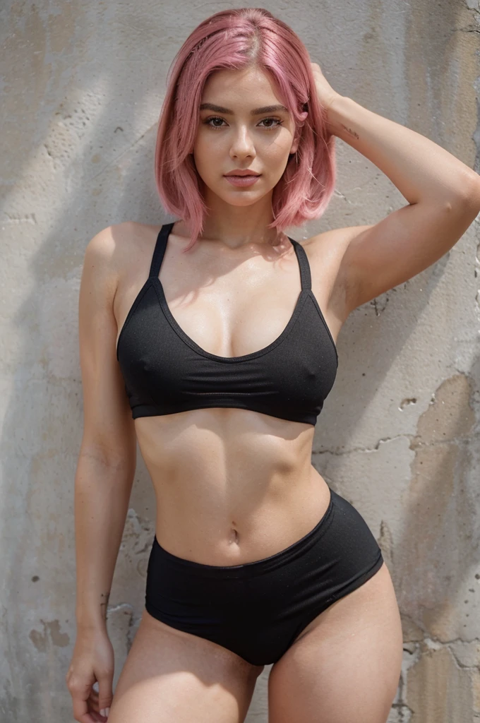 a instagram model wearing black yoga outfit, standing in pose, infront of plain wall, pink hairs, pink lips, young model, perfect figure,  realistic photography