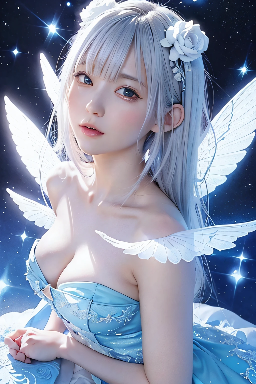 Anime girl with white hair and blue dress surrounded by flowers, astral fairy, big white glowing wings, beautiful celestial mage, white haired god, ethereal wings, Kushatt Krenz Key Art Women, anime fantasy artwork, space flower fairy, anime fantasy illustration, by Yang J, beautiful young wind spirit, 8k hd wallpaperjpeg artifact, irelia