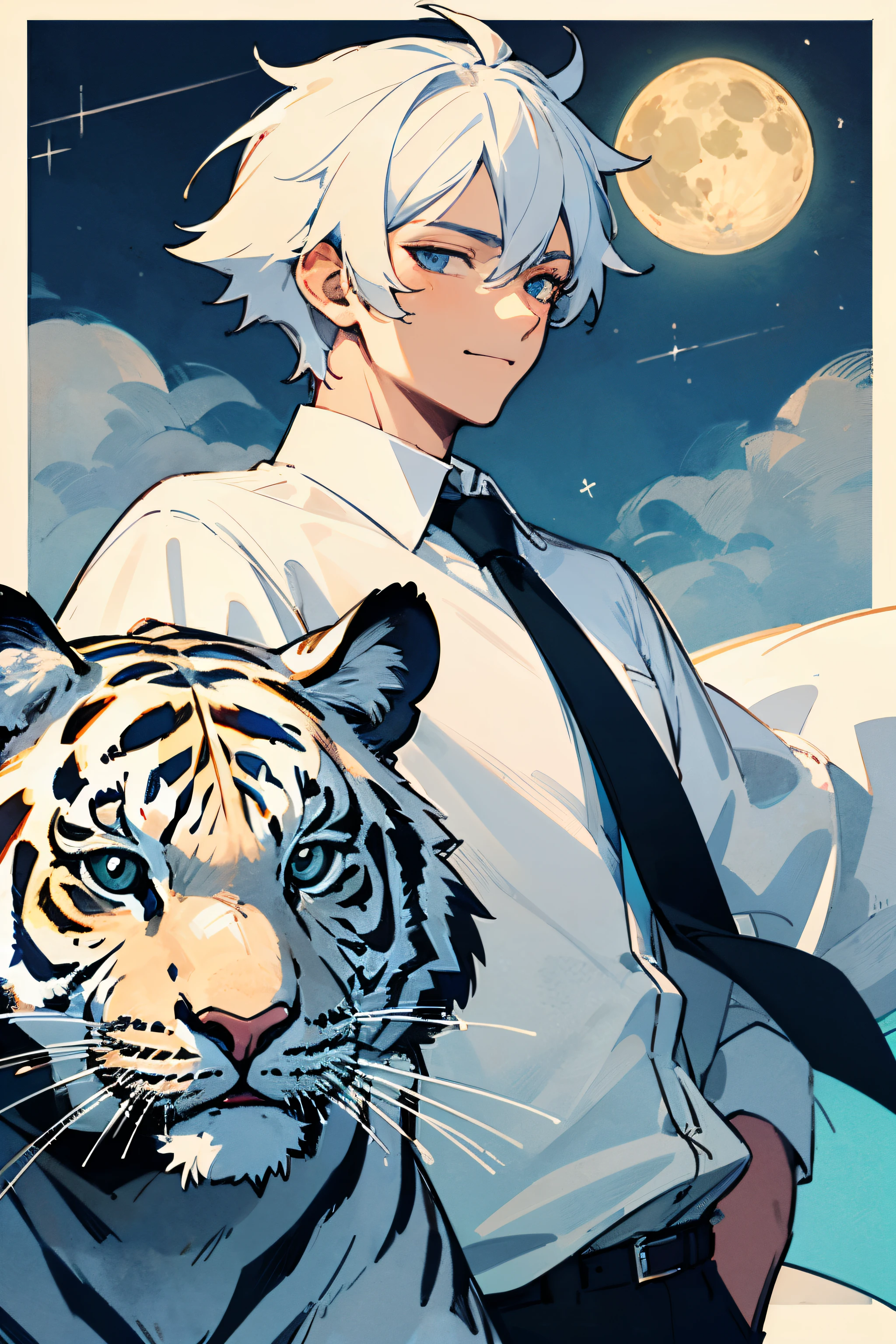 8K, Best quality, male people,boy,1 boy,Exhibited, Short gray hair,Salt style wind,Handsome face,Single Eyelids,largeeyes,ssmile,Lateral face,wear white shirt,The shirt,No ties,Broken,There is a white tiger behind,Background with:natta,The full moon takes up most of the time,starrysky,White Tiger