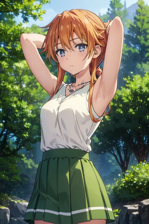 (((pixel-perfect, detail-perfect))), solo, 1girl, yuzuru yamai, white shirt, necklace, green skirt, looking at viewer, closed mouth, forest, dark sky, contrapposto, expressionless, spread armpits, cowboy shot, sleeveless, {arms behind head},