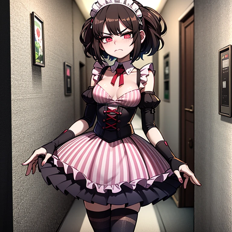 Maid,pouty face,petite body,cherry sized breast,arms crossed over chest,black and pink striped outfit,pink and black striped maid headpiece,black and pink striped thigh highs,skinny legs,long legs,long frilly skirt,mansion,short brown hair, standing up straight in a hallway,small flat chest,no cleavage