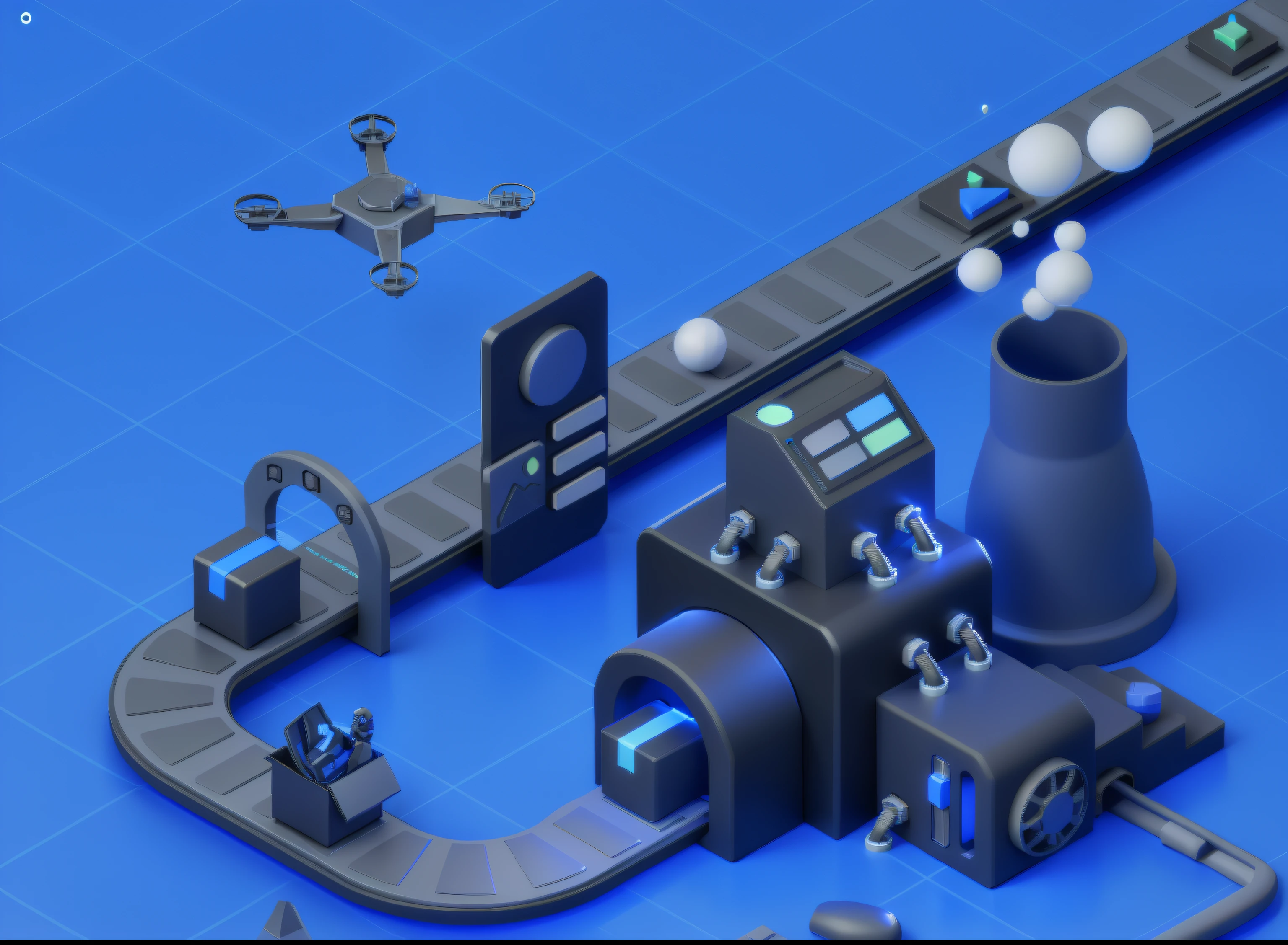 There is a blue background,There are computers and machines, 3d matte illustration, Pre-render isometric graphics, stylized 3 d graphics, 3d illustrations, 3d illustrations, detailed factory, Isometric plot, Smooth 3D illustration, Smooth 3D illustration, Isometric 8K, futuristic production facility, 3D isometric, 3D isometric