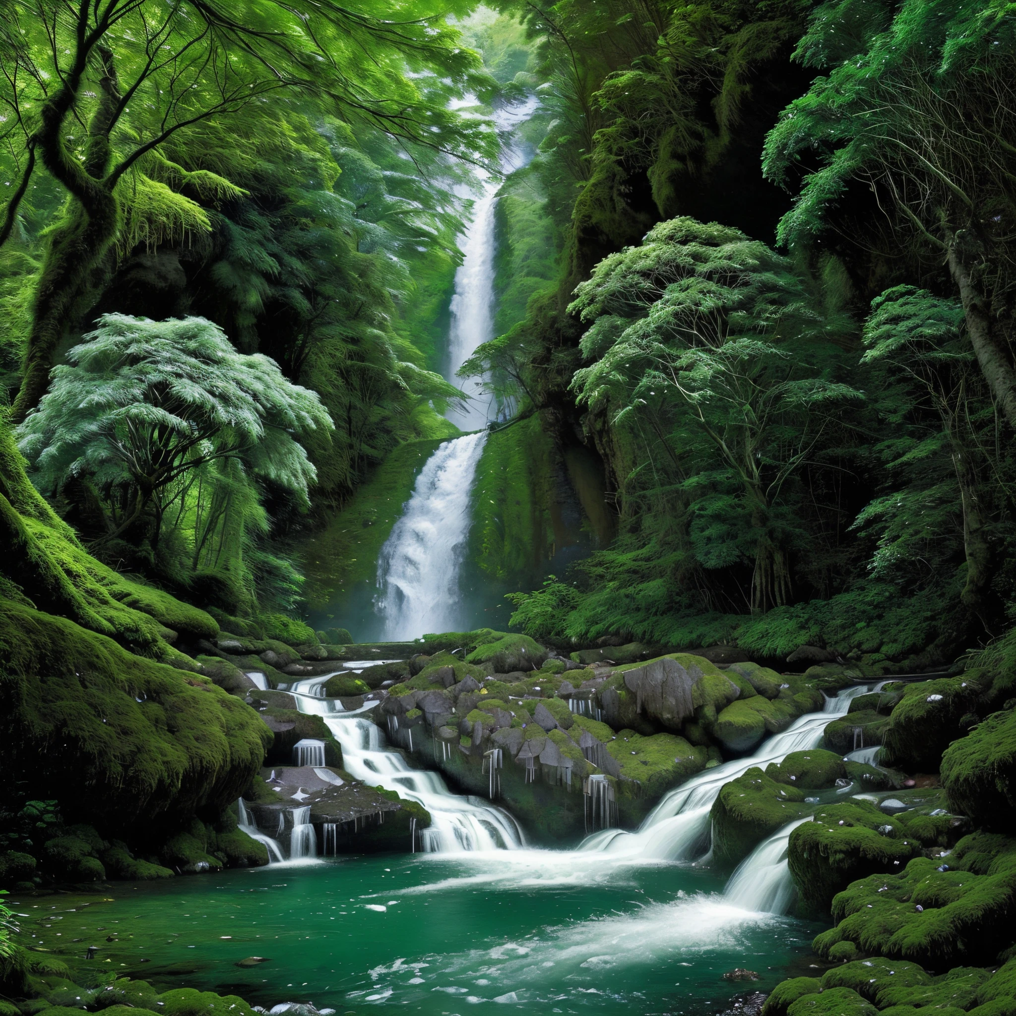 A picturesque scene of a lush tropical forest with a majestic waterfall cascading down towering moss-covered rocks, creating a beautiful cascade into a crystal-clear mountain stream. The landscape is filled with an abundance of vibrant green trees, creating a mesmerizing backdrop of nature's untouched beauty. The image, whether it be a painting or a photograph, showcases the fresh and pristine essence of the scene, capturing every detail with impeccable precision.
