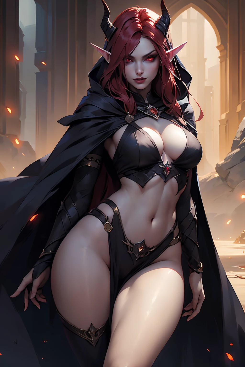 RAW, tmasterpiece, ultra fine photos, , best qualtiy, 超高分辨率, realisticlying, rays of sunshine, full-body portraits, stunningly beautiful, , dynamicposes, delicated face, vibrant eyes,One of them is wearing red and gold clothes、woman with horns and horns, Alexstrasza female, pointy ears, Alone, the elf, navel, hooding, colored skin, diaphragm, looking at viewert, long whitr hair, Cloak, nedium breasts, Red hair, Cover up, capes, mediuml breasts, hooded cloaks, obi strip, pouch, red eyes,greene eyes, The upper part of the body, arma, glowing light eyes, cparted lips, ((tmasterpiece, Best quality at best)), Artwork by Greg Rutkoski, Hot topics on artstation