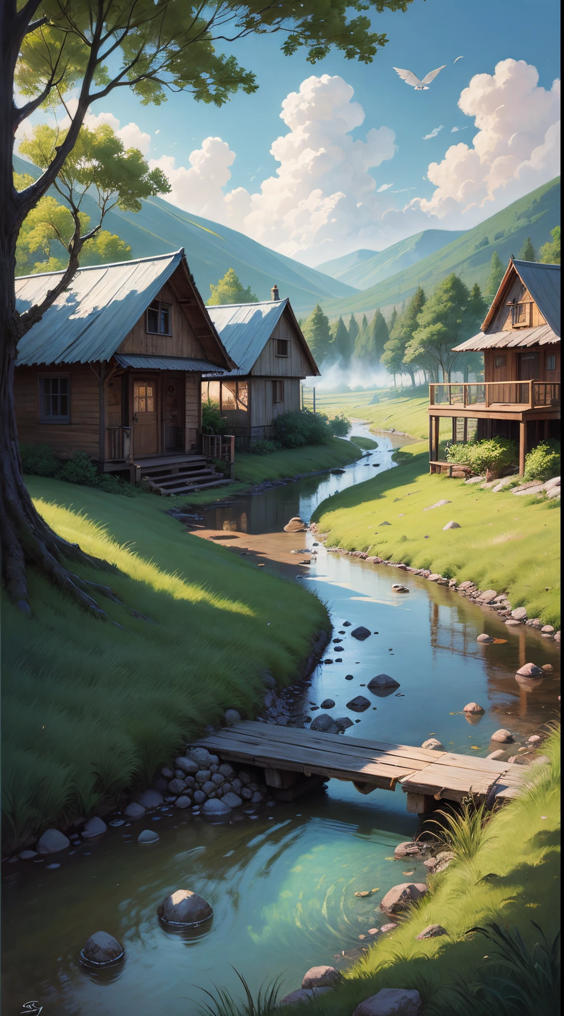 Draw a painting with a healing theme, including a creek, a wooden house, cooking smoke, blue sky and white clouds, and fluttering white clothes. --auto --s2