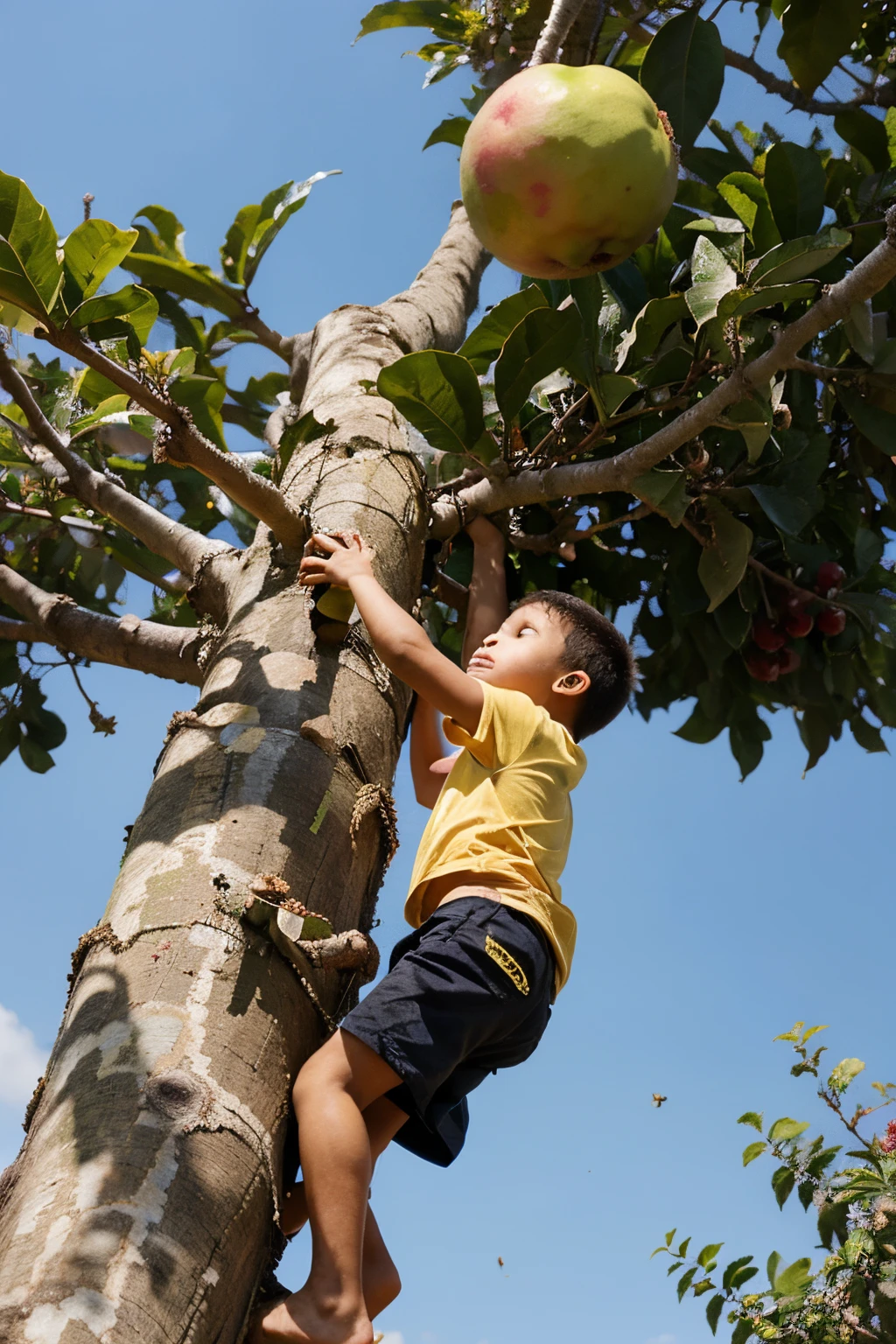 a climbing in a guava tree, chased by a huge bee.