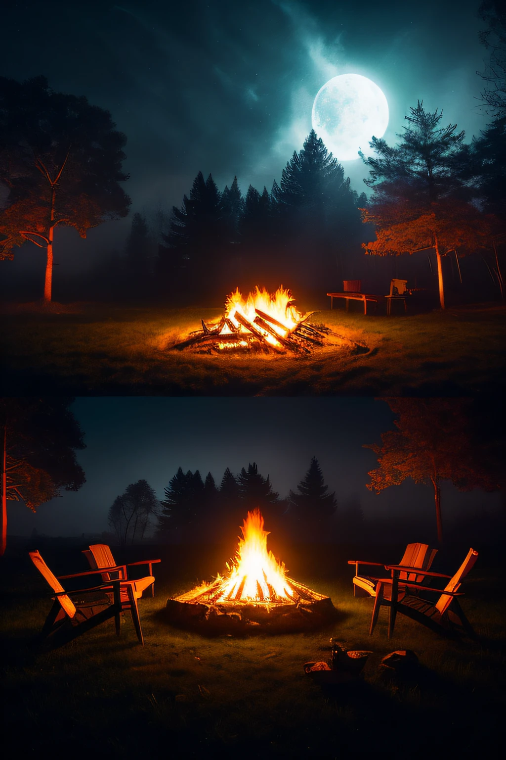 , Big bonfire, Graffiti holiday mask, Night atmosphere, ritual in the forest, misty background, realistic epic, Rutkoski, HighDynamicRange, Complicated details, super detailing, Cinematic, rim-light, calm colors: 1.2, dark fantacy, overcast sky, Dark mountains in the background, Dark atmosphere, funk, terror, terror, torchlight on fire, Red, the dark forest, natta