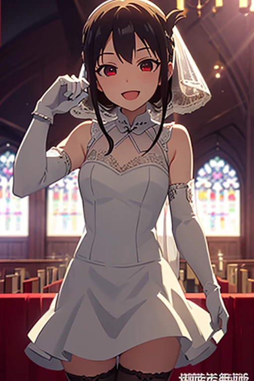 masterpiece, best quality, looking_at_viewer, depth_of_field,  cowboy_shot, open mouth, smile, 
 1girl, soyosoyo:1.5, morishima haruka, wavy hair, hairband, white wedding dress, bride, veil, elbow_gloves,  white thighhighs, 
in church, crowd,