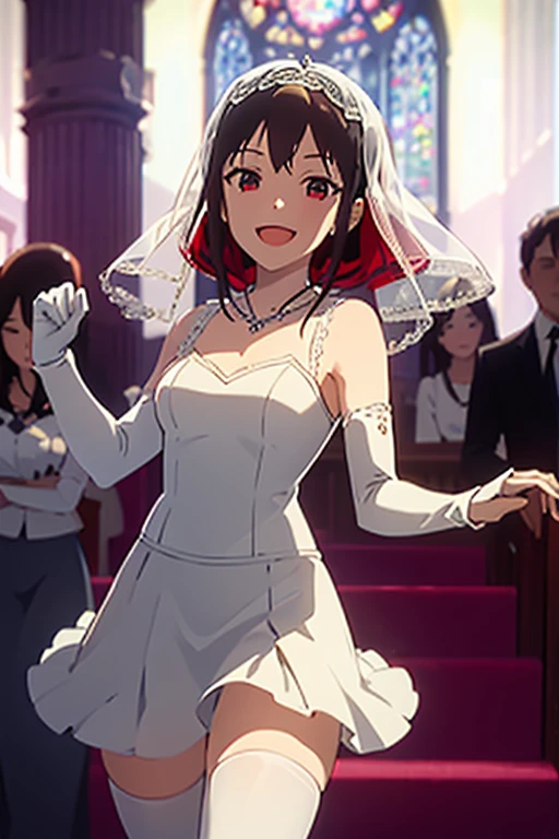 masterpiece, best quality, looking_at_viewer, depth_of_field,  cowboy_shot, open mouth, smile, 
 1girl, soyosoyo:1.5, morishima haruka, wavy hair, hairband, white wedding dress, bride, veil, elbow_gloves,  white thighhighs, 
in church, crowd,