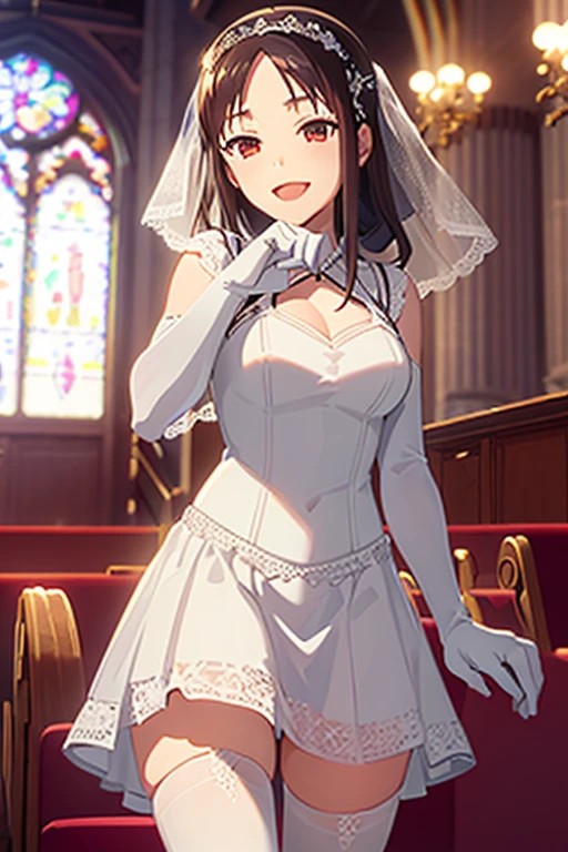 masterpiece, best quality, looking_at_viewer, depth_of_field,  cowboy_shot, open mouth, smile, 
 1girl, soyosoyo:1.5, morishima haruka, wavy hair, hairband, white wedding dress, bride, veil, elbow_gloves,  white thighhighs, 
in church, crowd,