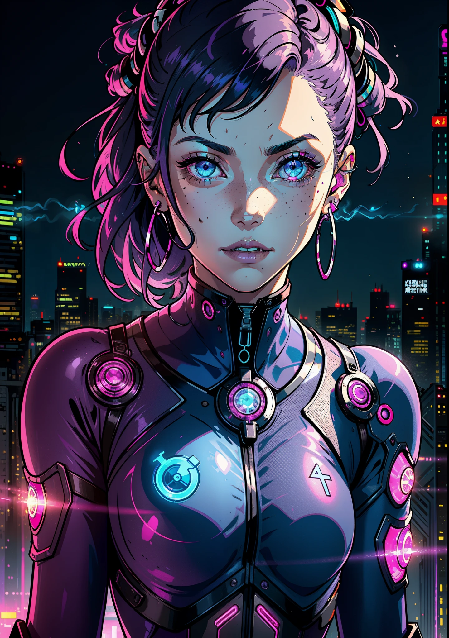 1 25-year-old woman, solo, colorful, blue eyes, cyberpunk, city, peace sign, earrings, purple hair, freckles, mechanical prostheses, neon, beautiful lighting, purple reflection, smoking, character focus, cg illustration, bust shot, pink and black outfit, black hair