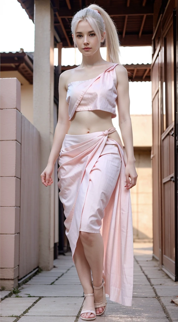 A beautiful woman, wearing  sari, pale skin, smooth pale skin, skin tune pink, perfect body, detailed body, full body, cute face, white hair, ponytail hair, high quality