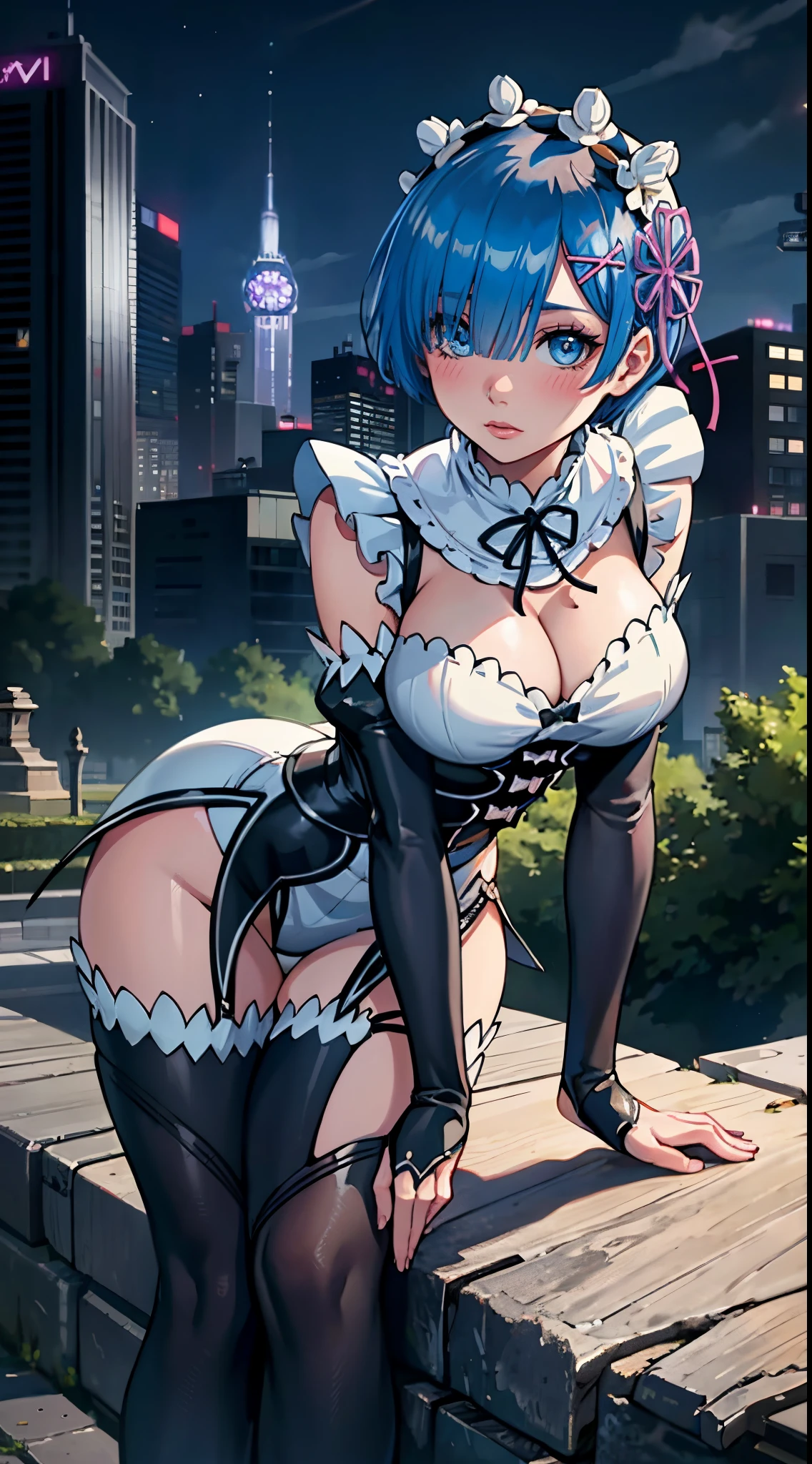 (best quality:1.3), (4k quality), 1 mature woman, rem by re:zero, curvy body, ((Detailed face)), (blush), city, ((leaning forward))