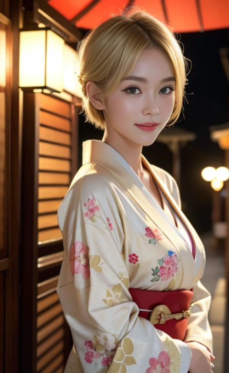 flying debris、highest quality、An illustration、highest quality、got it、High resolution、8k wallpaper、Perfect dynamic composition、(((Ezvian Everywhere)))、((From below))、Beautiful and cute 20 year old girl、Beautiful face in every detail、Delicate and cute eyes、Fine skin、Red cheeks.、shy、(Semi-short hair:1.3)、(wavy blonde hair)、Small breasts、Bold sexy pose、smile、Small breasts、Between the legs、Small Ass、Thin butt、Generated on the eaves.、Narrow shoulders、wavy blonde hair、blonde、Heart-shaped earrings、smile、、Gold Bracelets、Summer festival、in yukata、Wear a yukata with a large floral pattern、Obi、Wide pink、Tie your hair back、Fireworks Festival Venue、night、Fireworks in the background、