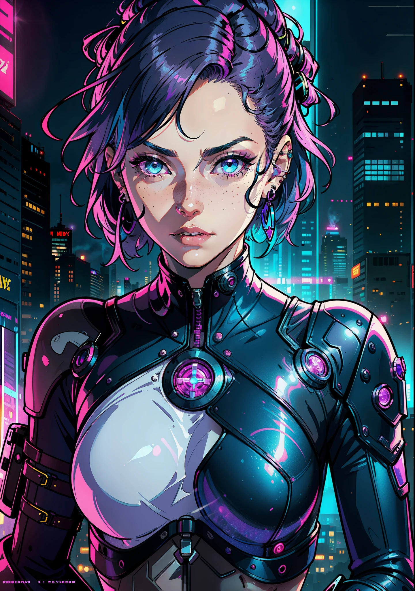 1 25-year-old woman, solo, colorful, blue eyes, cyberpunk, city, peace sign, earrings, purple hair, freckles, mechanical prostheses, neon, beautiful lighting, purple reflection, smoking, character focus, cg illustration, bust shot, pink and black outfit, black hair